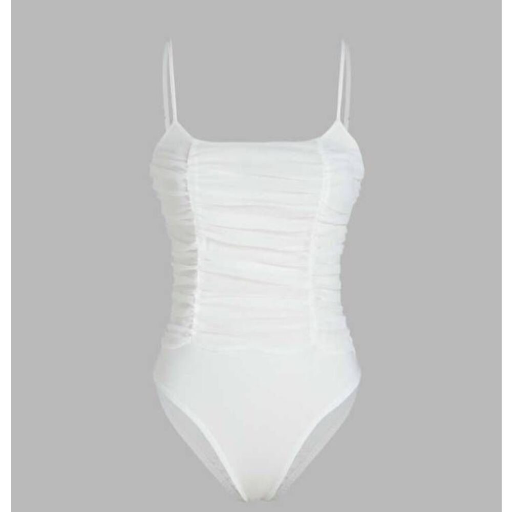 Cider White Ruched Mesh Bodysuit